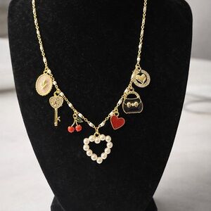 Hand made 18k Gold Plated Charm Necklace with Heart and Key Accents